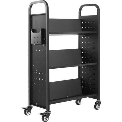 Chariot à livres roulant à 3 niveaux, étagères en forme de V à un seul côté, chariot à livres noir