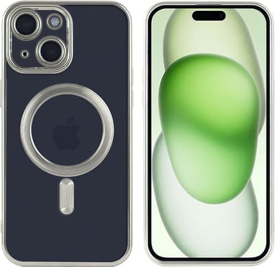 Hoesje Geschikt voor iPhone 15 Plus Magsafe hoes - Lens beschermer – backcover – Transparant / Zilver