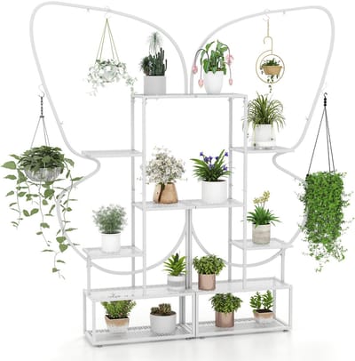 COSTWAY 6-traps metalen plantenstandaard, vlindervormig, bloemenrek met 4 haken, plantenrek, ladderrek, plantenladder, bloemenstandaard, voor tuin, balkon, woonkamer, 185 cm (wit)