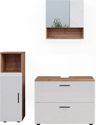 Vicco Irma Badkamermeubelset – 3 delen, met midi-element Wit hoogglans/goud power eiken