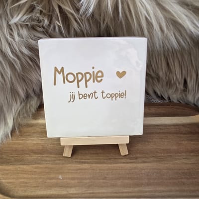 Robuust wenstegeltje – Moppie Jij Bent Toppie – Hip trendy tegeltje – Cadeau voor Nieuwe Woning, Housewarming of Gezinscadeau – Sfeervol en Persoonlijk - Vriend(in) – Trendy nu – Decoratief Tegeltje met Standaard – Cadeau Idee