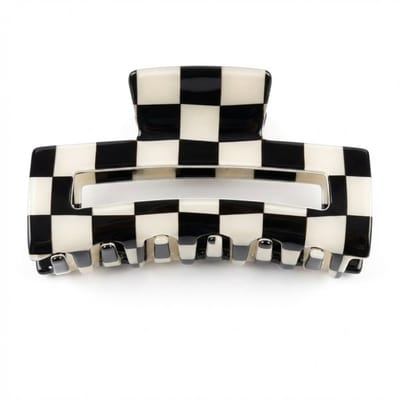 Zwart witte geruite haarclip – haar klem – dames – kunststof haar accessoire met ruit patroon – open rechthoek vorm – stevige grip – decoratief ontwerp