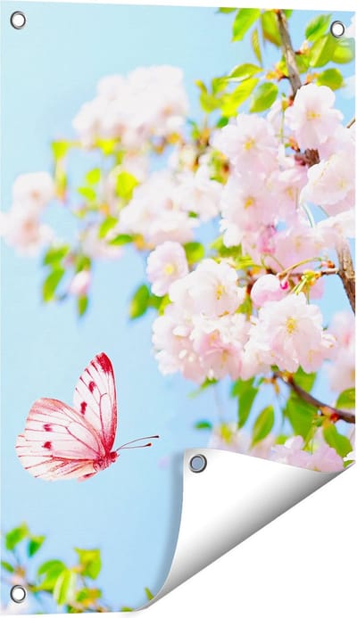 Gards Tuinposter Twee Roze Vlinders bij Roze Bloesem Bloemen - 40x60 cm - Tuindoek - Tuindecoratie - Wanddecoratie buiten - Tuinschilderij