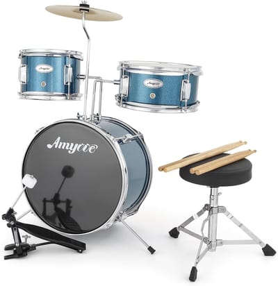 3-delig drumstel voor beginners, complete set op ware grootte met basdrum, toms, snaredrum, statieven, cimbalen en drumstokken