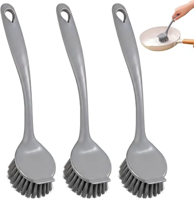 Set van 3 Keuken Afwasborstels met Handvat en Ingebouwde Schraper, Stevige Borstel voor het Schoonmaken van Pannen, Borden en Keukengerei, Antislip Grip en Duurzaam Ontwerp