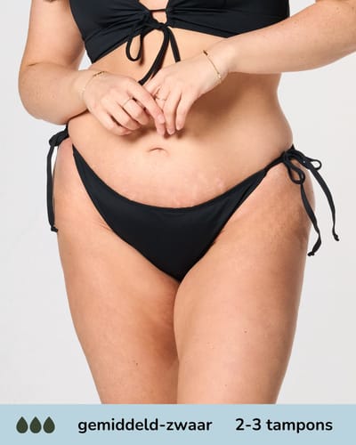 Moodies menstruatie zwemkleding - Bikinibroekje touwtjes - gemidddeld-zwaar kruisje - maat L - Zwart