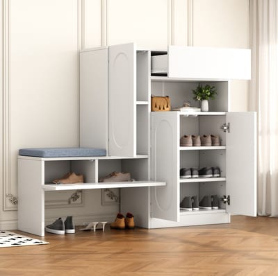MEUNIQ Schoenenkast 130x35x110 cm met zitbank, soft-close deuren, verstelbare planken en open vak, staande hal kast voor schoenenopslag, wit