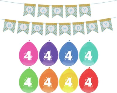 Haza Verjaardag 4 jaar geworden versiering - 16x thema ballonnen/1x Happy Birthday slinger 300 cm
