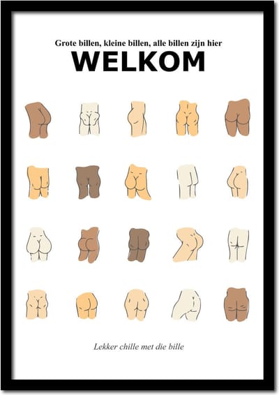 Toilet - WC poster grappig "Grote billen, kleine billen, alle billen zijn hier WELKOM" - Billen Poster - 21cm x 30cm a4