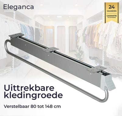 Emuca uittrekbare kledingroede – 82 cm inbouwdiepte –zilvere garderobestang – 15 kg belastbaar kledingrek – luxe kledingstang - 80x5x13.1cm