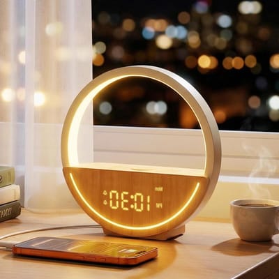 Nachtlamp wekker - Daglichtwekker - Rustig Ontwaken - 4-in-1 functie - N.v.t. - Houtnerf