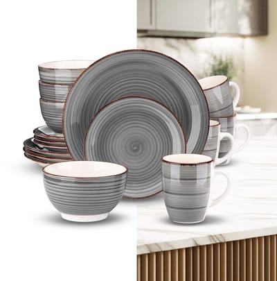 Luxe Serviesset – 16 delig – 4 persoons – Porselein - Bordenset – Dinner platen – Dessertborden - Kommen - Mokken - Grijs