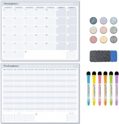 Dailygoods - BIROYAL Zelfklevende weekplanner, afwasbaar, whiteboard, planningbord, hecht op alle gladde oppervlakken, ongedateerde wandkalender, planner incl. stickers en pennen