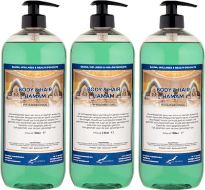 Body & Hair Hamam 1 liter met 3 zwarte pompen - set van 3 stuks - 2 in 1 voor lichaam en haar - voordeelverpakking