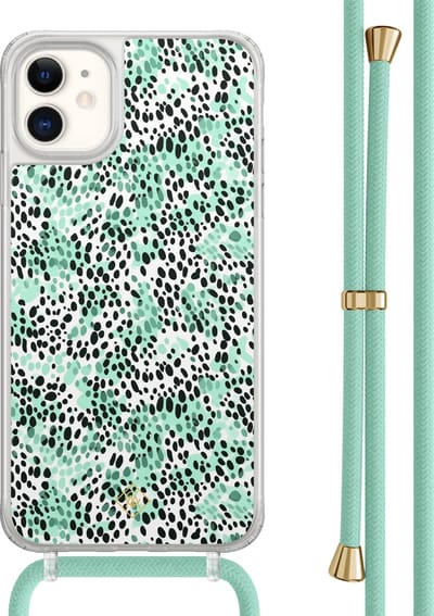 Casimoda® hoesje met mintgroen koord - Geschikt voor iPhone 11 - Luipaard Mint - Afneembaar koord - TPU/acryl - Mint