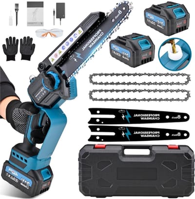 Professionele Mini Kettingzaag – Met Accu – Electrisch – Complete Set – 8000mAh Batterij – Multifunctioneel Gebruik – 1200W – Blauw