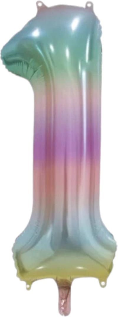 Folieballon cijfer 1 regenboog pastel, 86cm