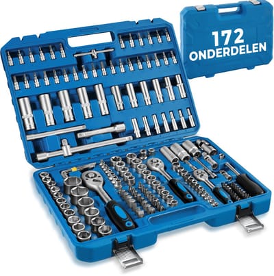 tectake® 171-delige Gereedschapskoffer - Gereedschapsset - Set met Ratel- en Steeksleutelset van Chroom Vanadiumstaal - Inclusief Verlengingen, Torx- en Bougiesleutels - Robuuste Kunststof Koffer - 1/4", 3/8" en 1/2"
