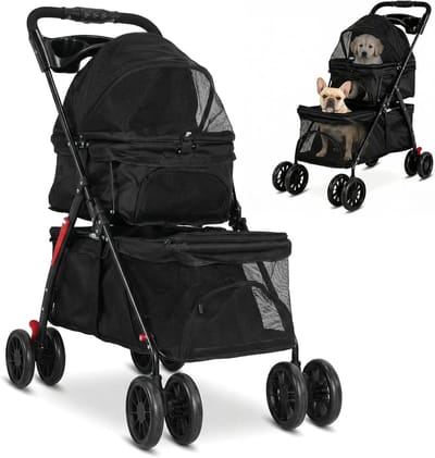 Dubbele Huisdier Kinderwagen - Reisbuggy Hond Kat - Buiten Wandelen - Gescheiden Compartimenten - 100x73x49cm - Grijs