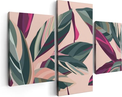 Artaza Canvas Schilderij Drieluik Bloem Bladeren - Bloemen - Abstract - 90x60 cm - Wanddecoratie Woonkamer - Schilderijen - Muurdecoratie