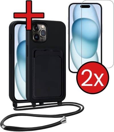 Hoesje Geschikt voor iPhone 14 Pro Hoesje Met Telefoonkoord en Pasjeshouder Met 2x Screenprotector Siliconen - Hoes Geschikt voor iPhone 14 Pro Hoesje Met Kaarthouder Case - Zwart