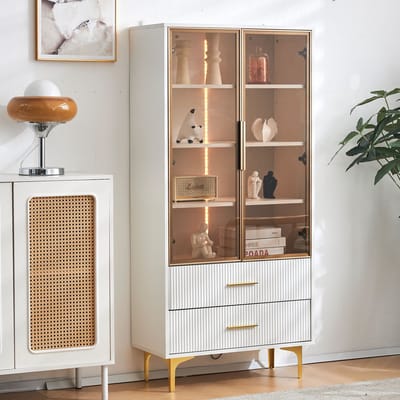 STILVORA Vitrinekast - Glazen Vitrinekast Met Theekleurige Deuren - 2 Deuren 2 Lades Met 16-Kleur LED En Verstelbare Planken - Spaanplaat - 70x35x150 cm - Wit