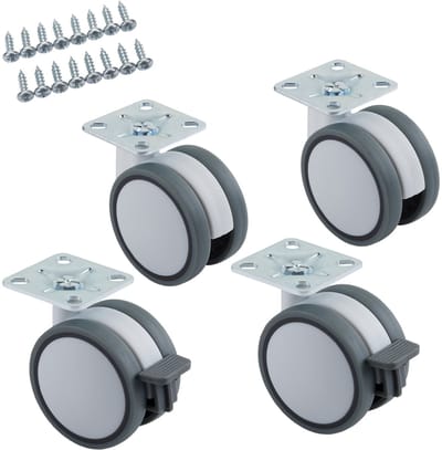 SOTECH set van 4 meubelwielen Hamm Ø 63 mm hoogte 74,5 mm, wit/grijs, 35 kg belastbaar (2x zwenkwielen, 2x zwenkwielen met rem), schroefplaat 47 x 47 mm incl. bevestigingsschroeven