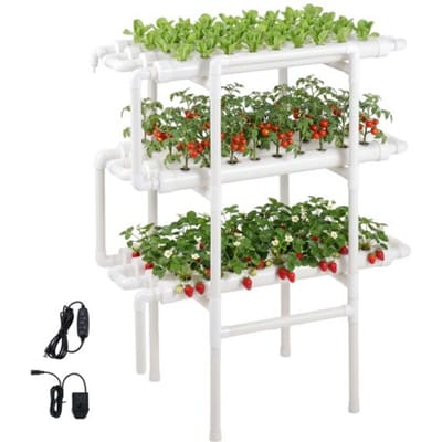 VEVOR Hydroponisch plantensysteem, 3 niveaus, 108 sleuven, UPVC-buizensysteem met timer voor water geven, lichtdichte buizen, geschikt voor het kweken van groenten, fruit en kruiden.