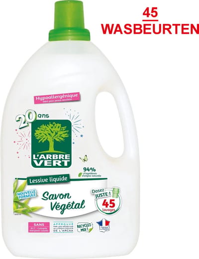 L'ARBRE VERT - Vloeibaar wasmiddel met plantaardige zeep - Hypoallergeen - Zonder allergenen - 45 wasbeurten - Europees Ecolabel gecertificeerd - (verpakking van 1)