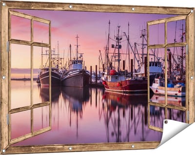 Gards Tuinposter Doorkijk Schepen in de Haven - Boten - 120x80 cm - Tuindoek - Tuindecoratie - Wanddecoratie buiten - Tuinschilderij