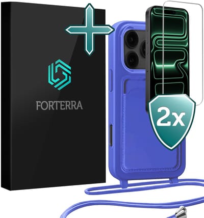 Hoesje Geschikt voor iPhone 17 Pro Pashouder Case Siliconen Hoes Met Koord Met 2x Screenprotector - Hoes Geschikt voor iPhone 17 Pro Met Telefoonkoord Hoesje Back Cover Met Pasjeshouder - Felblauw