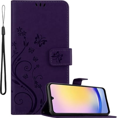 Cadorabo Hoesje geschikt voor Samsung Galaxy A25 in BLOEMEN DONKER PAARS - Beschermhoes in bloemmotief met magnetische sluiting, standfunctie en kaartsleuven Book Case Cover Etui