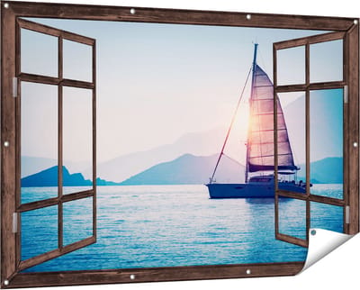 Gards Tuinposter Doorkijk Zeilboot bij Zonsondergang - 150x100 cm - Tuindoek - Tuindecoratie - Wanddecoratie buiten - Tuinschilderij