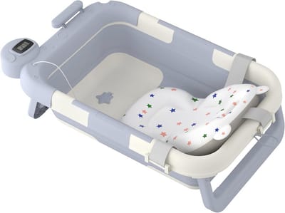 Opvouwbaar Babybad met Thermometer en Badkussen - Antislip en Draagbaar voor Pasgeborenen en Peuters