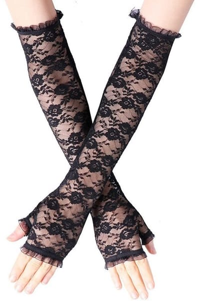 Dailygoody - Dames Lange Kanten Handschoenen - Elegante Feesthandschoenen - Zwart - Vingerloos - Perfect voor Bruiloft en Halloween