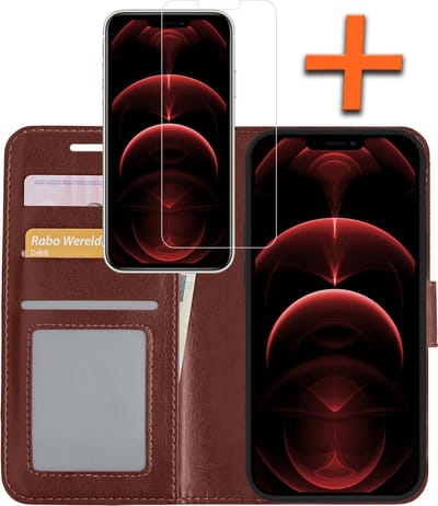 Hoes - Met Screenprotector - Geschikt voor Apple iPhone 14 Pro - Luxe Pasjeshouder - Bookcase Portemonee - Flip Case - Kunstleer Book Case - Flipcase - Book Cover - Walletcase - PortemonneeHoes - Bruin