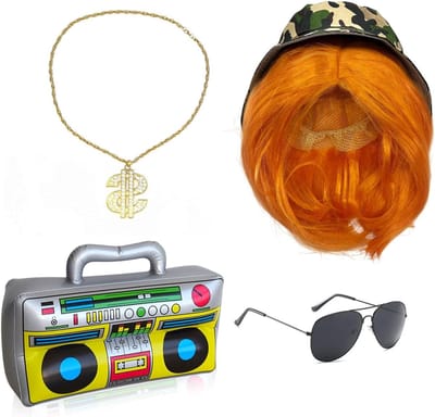 Hip Hop Kostuum Accessoires Set voor Carnaval - 5-delige Set met Gemberperruque, Bucket Hat, Opblaasbare Boombox, Zonnebril en Rap Rok - Perfect voor Feestjes en Retro Themas