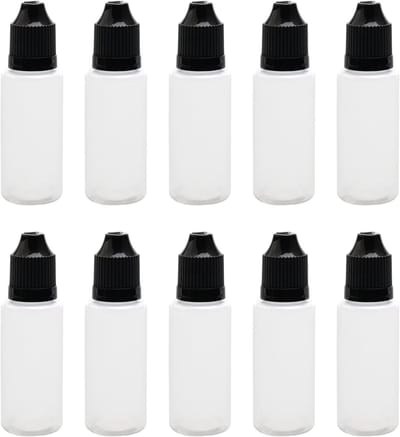 10x lege knijpflesjes van zwart plastic 20ml voor oogdruppels, e-liquids en vloeistoffen met dop en tip