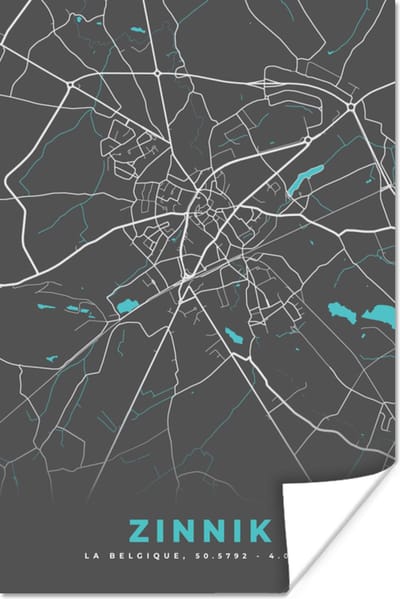 Poster België – Zinnik – Stadskaart – Kaart – Blauw – Plattegrond - 120x180 cm XXL