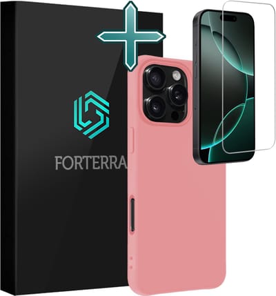 Hoesje Met Screenprotector - Geschikt voor Apple iPhone 16 Pro - Sterk & Shockproof - Telefoon Hoes - Back Cover - Siliconen Case - Lichtroze