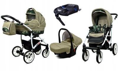 BabyLux® Kinderwagen 4in1 – LARGO - FERN LEAF WHITE FRAME - Opklapbare Wandelwagen incl. Reiswieg, Multifunctionele Buggy Sportstoel, Autostoel, ISOFIX basisstation - Combi-kinderwagen met Luiertas, Regenhoes, Klamboe