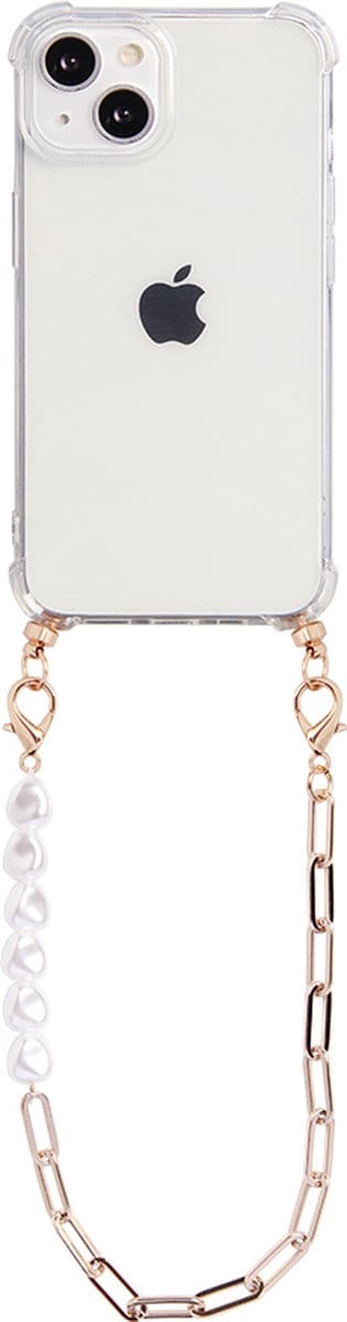 Casies hoesje geschikt voor Apple iPhone 13 Mini met koord - Parel & goud ketting - short size - Cord Case Pearl Gold
