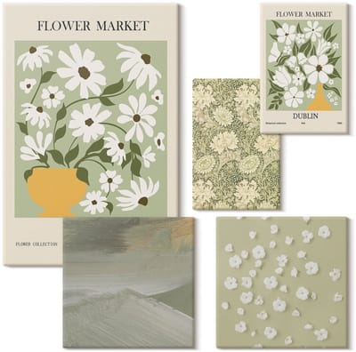 Wallfluent Set van canvas schilderijen - Bloemmotieven tegen de achtergrond van stadspleinen en landschappen Canvas Schilderijen Set - Set van 5 Canvas Schilderijen - Groente Set van Canvas Prints - Natuur Canvas Kunst Set - Boheemse Canvas Kunst Set
