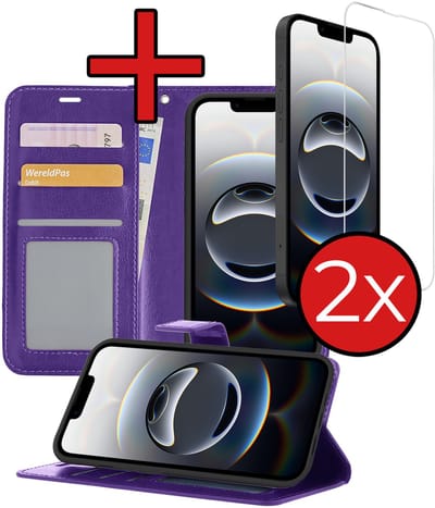 Hoesje - Met 2x Screenprotector - Geschikt voor Apple iPhone 16e / 17e - Luxe Pasjeshouder - Flip Case - Bookcase Portemonee - Kunstleer Book Case - Flipcase Hoes - Book Cover - Walletcase - Portemonneehoes - Telefoonhoes - Paars