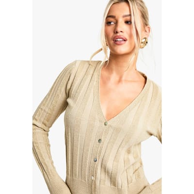 boohoo Dames Metallic Gold Dikke Geribbelde Gebreide Cardigan | Maat: Small
