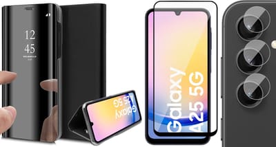 Hoesje geschikt voor Samsung Galaxy A25 / A24 - Screenprotector Volledig Dekkend Glas & Camera - Spiegel Book Case Zwart