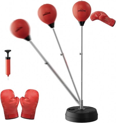 Boksbal - Op standaard - Boksbal voor kinderen en volwassenen - Bokspaal - Verstelbaar 121/145CM - 2 paar handschoenen + pomp - Zwart