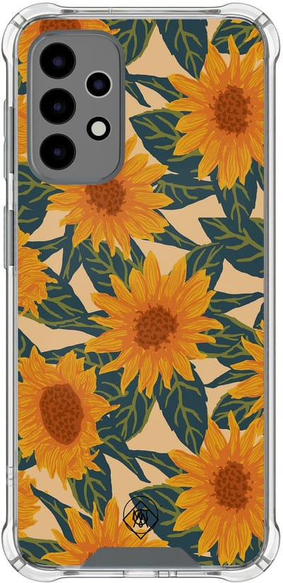 Hoesje (shockproof) geschikt voor Samsung Galaxy A52 5G - Zonnebloemen - Extra sterke case - TPU/polycarbonaat - Bloemen - Oranje, Transparant