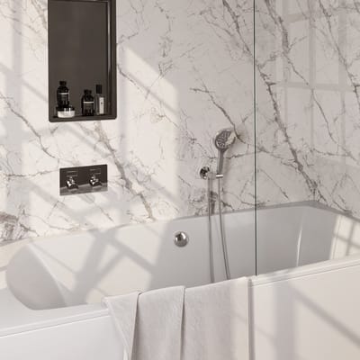 Brauer Chrome Edition thermostatische inbouw badkraan met drukknoppen SET 04 met badvulcombinatie en 3-standen handdouche en doucheslang en wandaansluitbocht chroom