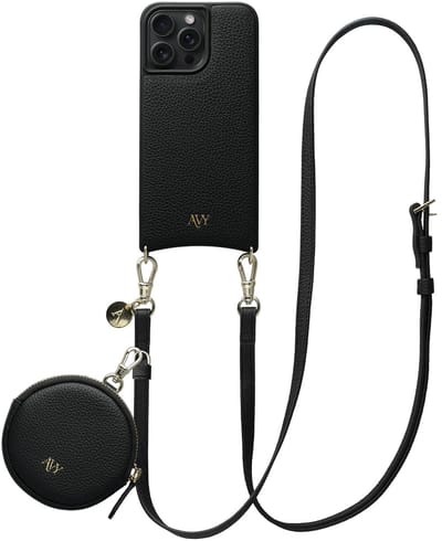 AVY Leren Hoesje geschikt voor Apple iPhone 15 Pro Max | Met Koord en Mini Telefoontasje | Compatibel met MagSafe | Leather Case met 130CM Koord & Pouch | Long Leather | Zwart